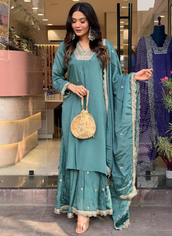 Chinnon Sky Blue Party Wear Sequins Work Readymade Sharara Suit